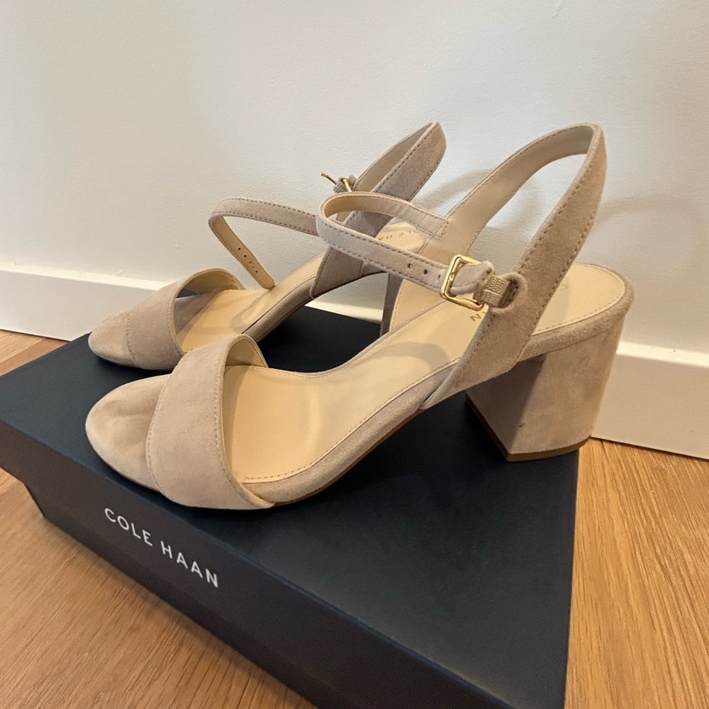 Cole Haan Josie Block Heel Suede Dress Sandals in Gray/Beige (7.5w)
